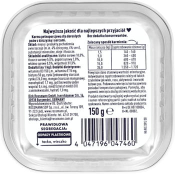 Tył opakowania karmy dla psów z dziczyzny i sercami 150g. Biała etykieta z tabelą, bez zbóż, cukru.