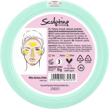 Tył okrągłej palety Lovely Sculpting Powders 15g do konturowania twarzy. Zielone opakowanie z opisem.