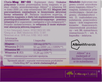 Tył opakowania suplementu Chela-Mag B6+D3 z magnezem i witaminą D, widoczne informacje o składzie.