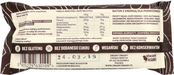 Tył brązowego batonu orzechowego Kompas, wegański, z tabelą wartości odżywczych, bez cukru.
