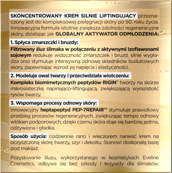 Złote tło z polskim opisem kremu liftingującego Royal Snail Eveline, skupienie na właściwościach i składnikach.