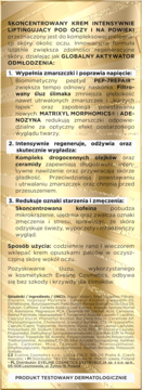 Tylna strona złotego opakowania kremu Eveline Royal Snail, z opisem liftingującego działania i listą składników.