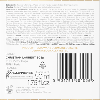 Tył opakowania kremu przeciwstarzeniowego CHRISTIAN LAURENT 50 ml z listą składników i kodem.