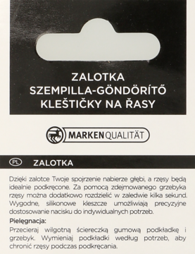 Opakowanie zalotki do rzęs: czarno-beżowy nagłówek z napisem ZALOTKA i logo MARKEN QUALITÄT.