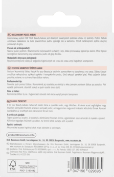 Tył białego kartonowego opakowania pędzla Kabuki For Your Beauty z drobnym tekstem, kodem kreskowym i logo FSC.