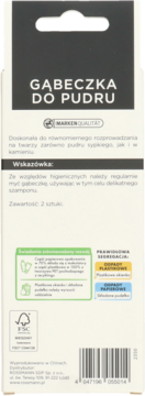 Tył opakowania gąbeczek do pudru Rossmann, z opisem użycia, kodem kreskowym i ikonami recyklingu.