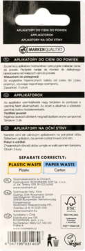 Tył białego opakowania aplikatorów do cieni, z napisami w trzech językach, logo jakości i symbolami recyklingu.