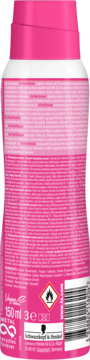 Tył różowego dezodorantu Fa Pink Passion w sprayu 150ml, z białym tekstem instrukcji, symbolami recyklingu i ostrzeżenia.