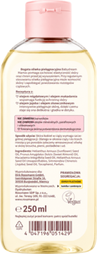 Tył butelki oliwki pielęgnacyjnej babydream Mamas 250 ml, opis właściwości zapobiegania rozstępom i składników, logo Vegan.