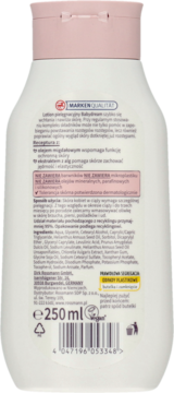 Tył opakowania Babydream Lotion Pielęgnacyjny 250ml, biała butelka, szczegółowy opis i składniki.