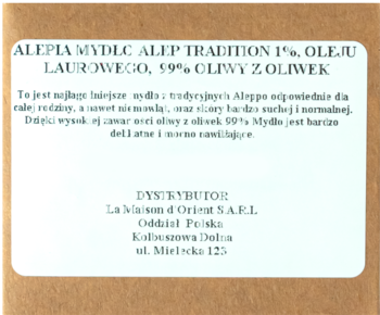 Tył opakowania mydła Alepia Alep Tradition 190g z 59% oliwy z oliwek, 1% oleju laurowego.