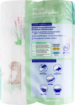 Rossmann DESIGN 3-warstwowe ręczniki kuchenne z motywem. Tył opakowania, zielono-białe tło, obietnice i użycie.
