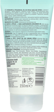 Tył białej tubki Isana żel myjący bez mydła 150 ml, z informacjami o składzie i certyfikacie Vegan.