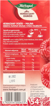 Tył czerwonego opakowania Herbaciany Ogród Malina, herbatki owocowo-ziołowej, z tabelą odżywczą, składem i kodem kreskowym.