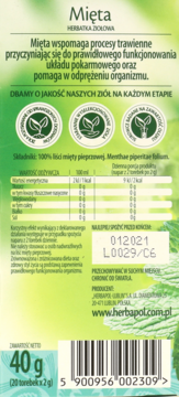 Tył opakowania herbaty ziołowej Mięta 40g, zielone tło. Opis funkcji wspierania trawienia i składu produktu.