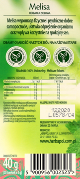 Tył opakowania herbaty Melisa, zielone tło. Widoczny opis, tabela wartości, data ważności i kod.