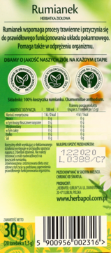 Tył zielonego opakowania herbatki ziołowej Rumianek Herbapol, widoczne benefity i skład 100% rumianku.
