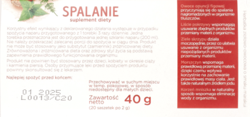 Białe opakowanie suplementu diety Spalanie na spalanie tłuszczu, z zielonymi liśćmi i ważnymi informacjami.