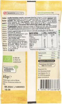 Tył żółtego opakowania owsianki z wanilią i nasionami chia 65g, z tabelą odżywczą i logo eko.