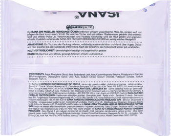 Tył saszetki chusteczek oczyszczających Isana 3w1, widoczny kod kreskowy i niemiecki opis produktu.