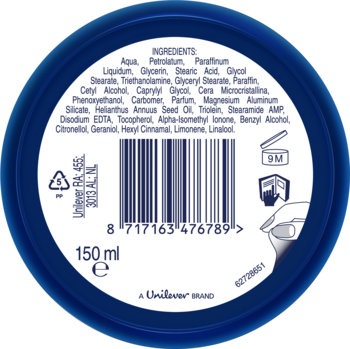 Tył okrągłego, niebieskiego opakowania nawilżającego kremu do ciała Dove 150 ml, z listą składników i kodem kreskowym.