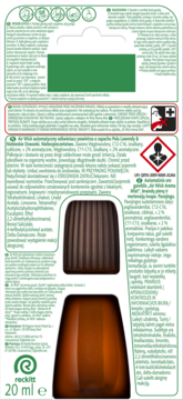 Tył brązowej butelki Air Wick automatyczny odświeżacz powietrza lawendowego, składniki i ostrzeżenia.