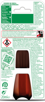 Tył opakowania wkładu Air Wick odświeżacz powietrza, widoczna brązowa butelka z żebrowanym korkiem. 20ml.