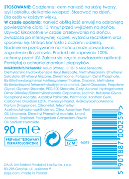 Tył białej tubki kremu Ziaja SPF 50+ z polskimi instrukcjami, listą składników i kodem kreskowym.