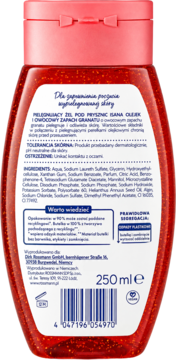 Tył czerwonego żelu pod prysznic Isana, 250ml, z owocowym zapachem granatu, zawiera listę składników.