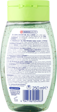 Tył zielonej butelki żelu pod prysznic Isana Oil & Lemon 250 ml. Biała etykieta ze składem i kodem kreskowym.