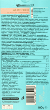 Tył opakowania białej czekolady White Coco z kokosem i truskawkami, widoczna tabela wartości odżywczych.