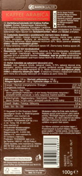 Tył opakowania czekolady deserowej z posiekanymi ziarnami kawy Arabica, 100g, z kodem i składem.