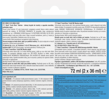 Tył niebiesko-białego opakowania Duck Fresh Discs Marine, żelowy krążek o zapachu morskim, tekst opisowy.