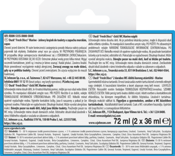 Tył niebiesko-białego opakowania Duck Fresh Discs Marine, z polami tekstowymi, instrukcjami i pojemnością 72 ml.