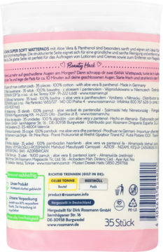 Tył opakowania super miękkich płatków kosmetycznych Rossmann z Aloe Vera, 35 szt. Widoczne opisy i recykling.