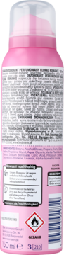 Tył różowego dezodorantu Floral Romance 150ml bez mikroplastiku. Widoczny opis i symbol łatwopalności.