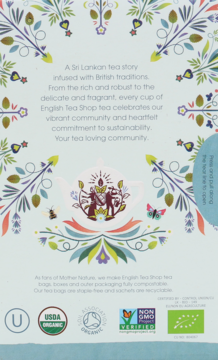 Tył ekologicznej herbatki ziołowej English Tea Shop, jasnoniebieskie tło z kolorowymi motywami kwiatowymi i certyfikatami.