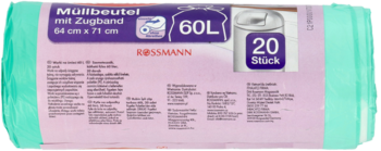 Rossmann worki na śmieci z taśmą ściągającą, 60L, 20 sztuk, zielono-fioletowe opakowanie, widok z przodu.