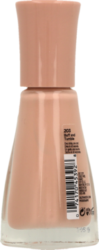 Tył butelki lakieru Sally Hansen Insta-Dri 203 Buff And Tumble, nude kolor, widoczny kod kreskowy.