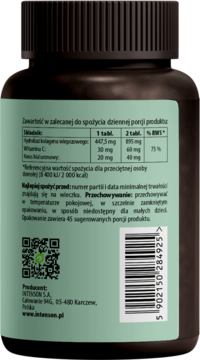 Tył butelki suplementu Intenson Kolagen + Wit. C i kwas hialuronowy. Widoczna zielona etykieta z tabelą składników.