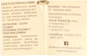 Tag produktu Zenner dla pęsety do brwi, pozłacanej 24k złotem, z opisem i danymi producenta, widok z bliska.