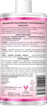 Tył butelki Hipoalergicznego Płynu Micelarnego 3w1, widoczne etykiety z opisem składu i stosowania.
