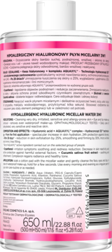 Tył różowej butelki Eveline Hipoalergicznej Hialuronowej Wody Micelarnej 3w1 650ml z opisami produktu.