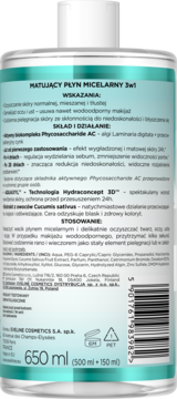 Tył przezroczystej butelki Eveline Matujący Płyn Micelarny 3w1, turkusowa etykieta z polskim tekstem i barcode.