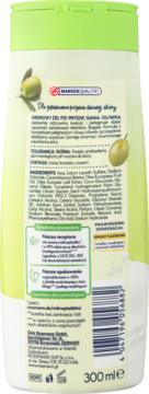 Tył białej butelki Isana Oliwka, kremowy żel pod prysznic, z zieloną nakrętką. Widoczne składniki, oliwki i kod kreskowy.