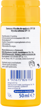 Tył żółtej butelki Sunazon Mleczko do opalania SPF 30, wodoodporne, z białą etykietą i kodem kreskowym, 50ml.