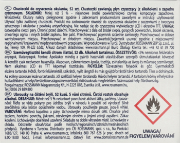 Tył białego opakowania chusteczek do okularów (52 szt.) z płynem cytrynowym i symbolem ostrzegawczym.