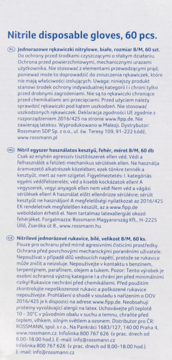 Jednorazowe rękawiczki nitrylowe, białe, 60 sztuk. Opakowanie z niebieskim napisem, widok z przodu.