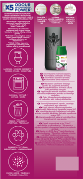 Opakowanie Air Wick Freshmatic, czarny dyfuzor, wkład lilia-wanilia, neutralizuje zapachy, widok z przodu.