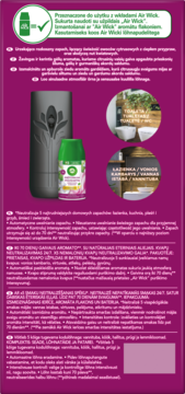 Tył opakowania Air Wick Freshmatic z urządzeniem i wkładem lilii i róży. Polskie opisy cech produktu i zastosowania.